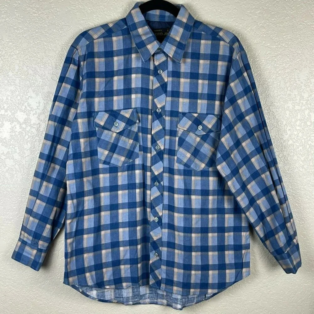 LORD JIM Button Up Shirt Men's Sz M Long Sleeve Point Collared Pocket Plaid Blue